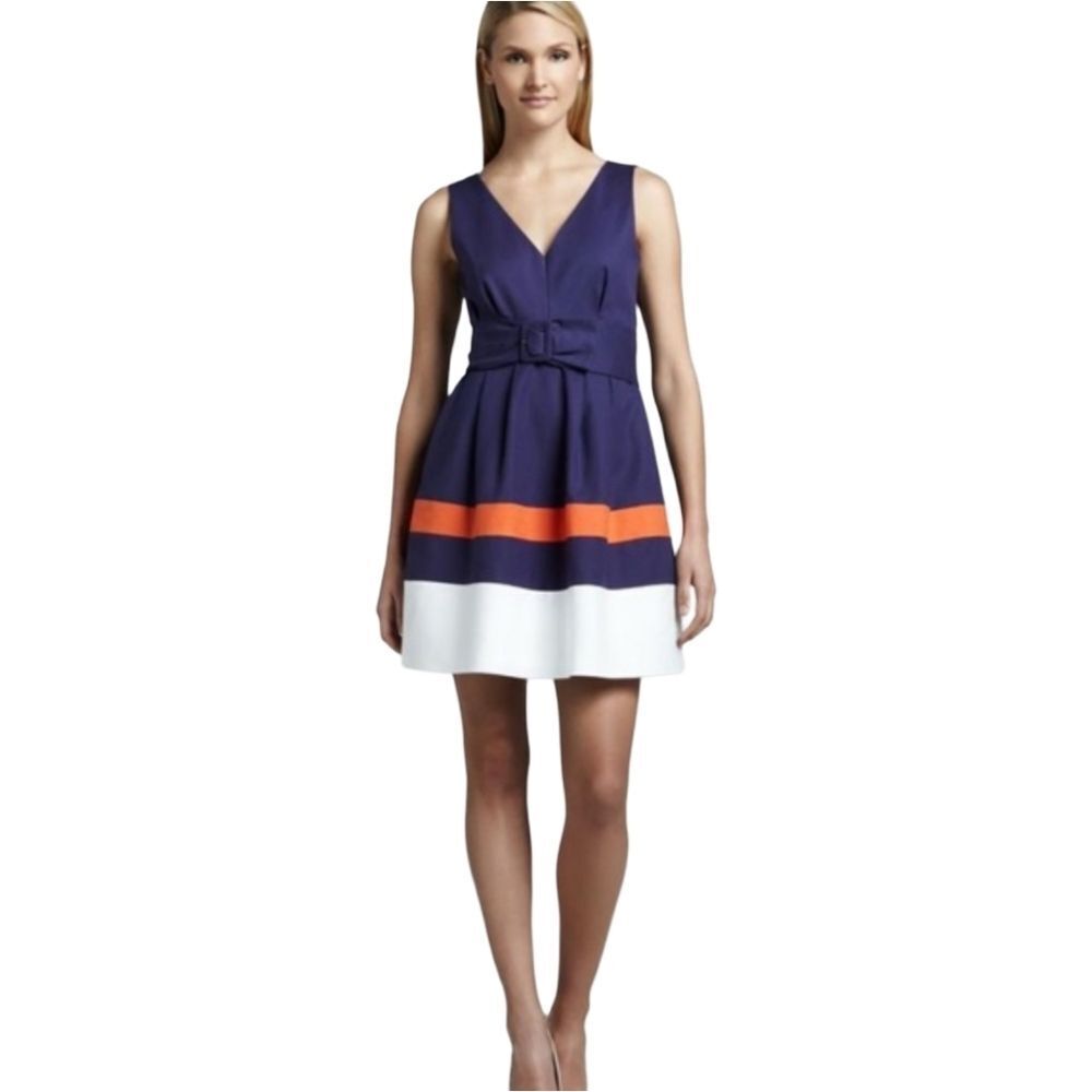 Kate Spade Womens Navy Blue Orange Sawyer Belted Cotton Fit & Flare Dress Size 4